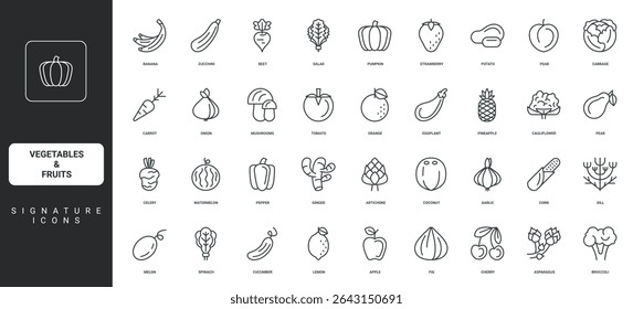 Watermelon artichoke strawberry orange eggplant pineapple thin black symbols vector illustration. Vegetable and fruit, lettuce salad, organic potato and tomato, broccoli line icon set.