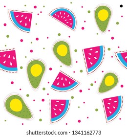Watermelon and Avocado Vector Seamless Pattrern. Colorful tropical fruits seamless pattern.
