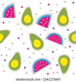 watermelon and avocado Vector Seamless Pattrern. Colorful tropical fruits seamless pattern.