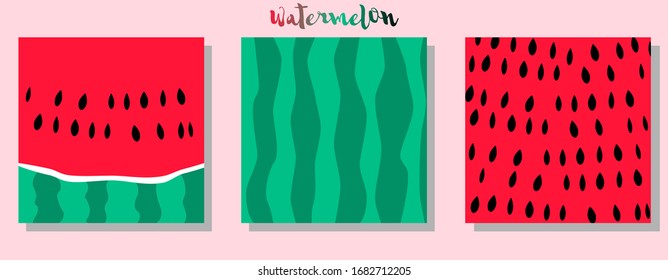 Watermelon background with black seeds. Green striped peel and red pulp with black seeds of watermelon. Fruit. Vector illustration