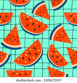 Watermelon background with black seeds. Seamless watermelons pattern. Background with watercolor watermelon slices. Lush lava, aqua menthe, classic blue trends colours.