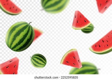 Watermelon background. Flying whole and sliced watermelon fruits with blurry effect. Can be used for advertising, packaging, banner, poster, print. Realistic 3d vector design