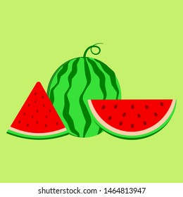 Watermelon background green vector illustration. A slice of watermelon. Tasty healthy seasonal summer fruit, vitamin