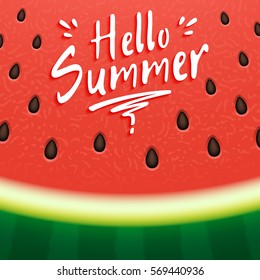 Watermelon background with hand written text "Hello summer".