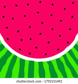 Watermelon background. Pink pulp, black seeds and green rind. Watermelon slice. Vector illustration.