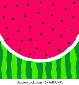 Watermelon background. Pink pulp, black seeds and green rind. Watermelon slice. Vector illustration.