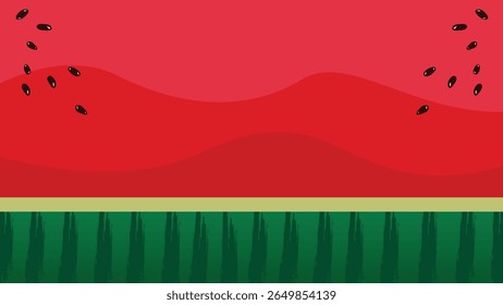 Fundo de melancia com polpa de melancia, casca verde listrada, sementes pretas e espaço de cópia para texto. Ilustração vetorial