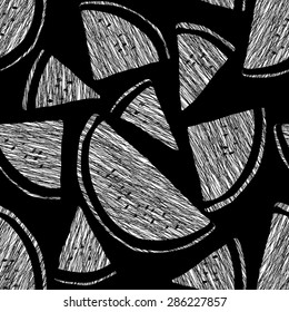 Watermelon background. Seamless illustration with scratched Watermelon slices. Endless monochrome texture. Summer harvest backdrop. Black background pattern. Dessert template.