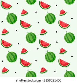 Watermelon background and seamless pattern, flat design of green leaves and flower and watermelon juice illustration, Fresh and juicy fruit concept of summer food.