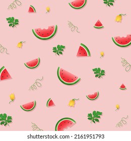 Watermelon background and seamless pattern, flat design of green leaves and flower and watermelon juice illustration, Fresh and juicy fruit concept of summer food.