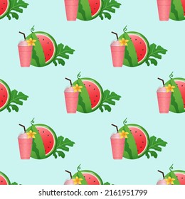 Watermelon background and seamless pattern, flat design of green leaves and flower and watermelon juice illustration, Fresh and juicy fruit concept of summer food.