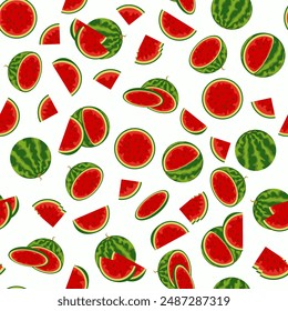 watermelon background, seamless texture, colorized vector illustration. red juicy watermelons are scattered randomly on a white background, whole and in pieces