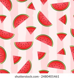 Watermelon background. Vector seamless pattern of ripe fruit pieces, halved and sliced. Fresh green organic fruit illustration. Sweet desserts for print, kids fabric, swatch. Healthy vegan food