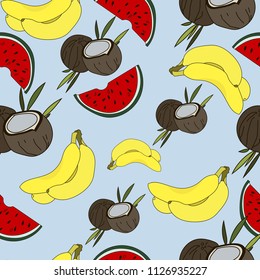 Watermelon, banana, coconut.Vector Repeat Seamless Pattrern. Great for fabric, packaging, wallpaper, invitations.Watermelon seamless pattern