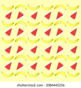 Watermelon And Banana Fruit Pattern Illustration, Vector Eps 10