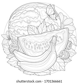 Watermelon with banana, raspberries, mint, flowers and a butterfly.
Fruit.Coloring book antistress for children and adults. Illustration isolated on white background.Zen-tangle style.