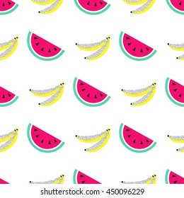 Watermelon banana seamless pattern. Geometric retro style 80s - 90s. Summer funny vivid texture with  fruits