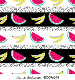 Watermelon banana seamless pattern. Geometric retro style 80s - 90s. Summer funny vivid texture with  fruits