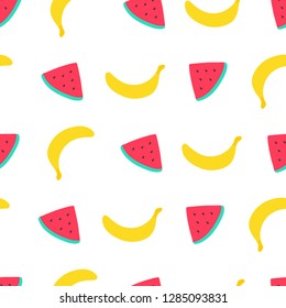 Watermelon and banana seamless pattern. Vector illustration.