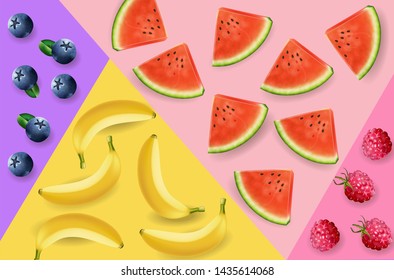 Watermelon, bananas and berry abstract pattern Vector realistic. 3d detailed fruits texture