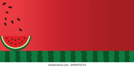 Modelo de fundo de banner de melancia em estilo de vetor plano, com uma fatia, casca verde listrada, sementes pretas e espaço para texto
