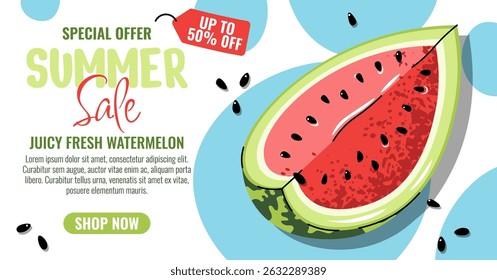 Watermelon Banner, Flat Horizontal Sale Background. Exotic Fruit Slice Design for Supermarket Promos, Juice Bar Ads, E-commerce. Clean Vector Illustration, Vibrant Summer Color
