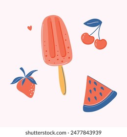 Watermelon and berries Ice Cream Popsicle Ingredients. Vegan recipe. Traditional Summer beach dessert. Cute hand drawn vector illustration.
