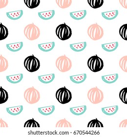 Watermelon Berry Seamless Pattern. Vector Illustration of Hand Drawn Paint Fruit Background.
