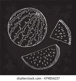 Watermelon berry vector illustration. Object isolated on black background. Doodle style. Cloth design, wallpaper, wrapping, menu, restaurant,cafe,kitchen,textile,paper, card, invitation,holiday. Eps10