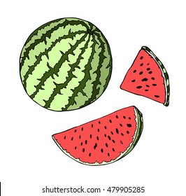 Watermelon berry vector Illustration. Object isolated on black background. Doodle style. Cloth design, wallpaper, wrapping, menu, restaurant,cafe,kitchen,textile,paper, card, invitation,holiday. Eps10