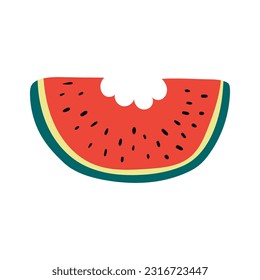 Wassermelone bitten Slice handgezeichnet Illustration. Cartoon-Stil flaches Design, einzelne Vektorgrafik. Sommernahrung, Obst, saisonale Druck, Menüelement, Ferien, Urlaub, Strand, Pool-Party