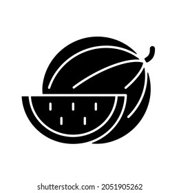 Watermelon black glyph icon. Serving fruit for picnic. Low-calorie treat. Body detoxification. Fighting dehydration. Cutting into pieces. Silhouette symbol on white space. Vector isolated illustration
