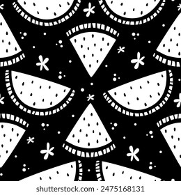 Watermelon Black and White Seamless Pattern. Doodle Water Melon Background Vector Illustration.