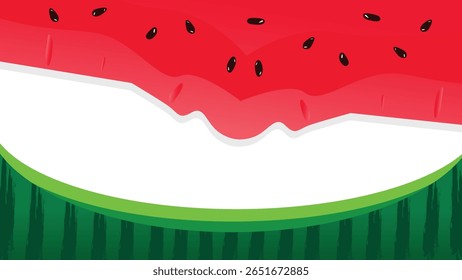 Watermelon border vector background with pulp, black seeds, striped green rind, and copy space