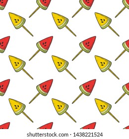 Watermelon candy or icecream. Vector concept in doodle and sketch style. Hand drawn illustration for printing on T-shirts, postcards. Seamless pattern for textile, paper wrap.