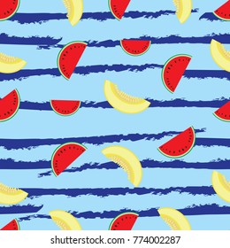 Watermelon and cantaloupe seamless pattern on light blue and blue background