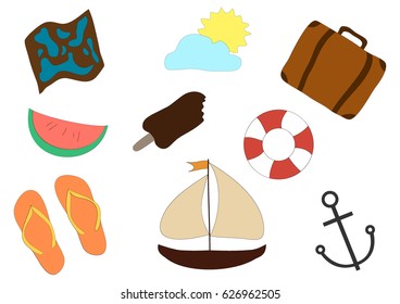 Watermelon, card, ice cream, sun and cloud, suitcase, slippers, anchor, ship and lifebuoy. Vector illustration