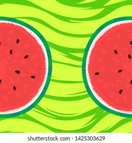Watermelon card with round slice for summer design. Vector cartoon illustration on striped green texture.