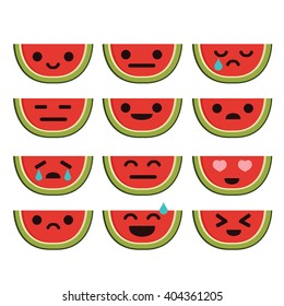 Watermelon Cartoon Character with Different Expressions. Flat Vector. Isolated