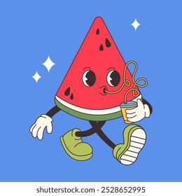 Watermelon cartoon character. Hand draw Funny Retro vintage trendy style watermelon cartoon character illustration. Doodle Comic collection