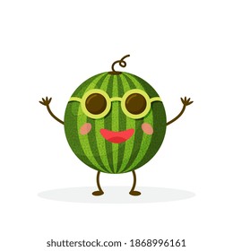 Watermelon cartoon character isolated on white background. Healthy food funny mascot vector illustration in flat design.