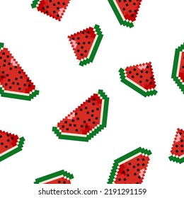 Watermelon cartoon character seamless pattern on pink background. Pixel style. Vector illustration