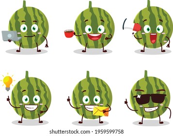 Watermelon cartoon character with various types of business emoticons
