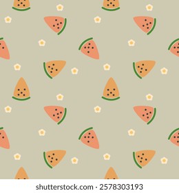 Watermelon cartoon so cute. On flower background. Pattern seamless vector illustration. 
