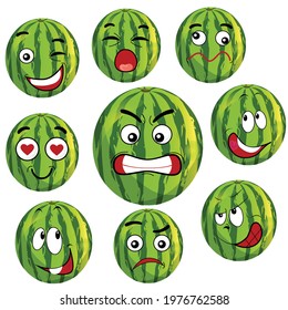 Watermelon Cartoon Faces Expressions Vector Illustration