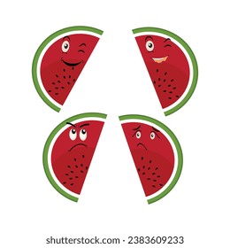 Watermelon cartoon, fresh fruit vector illustration, with different faces and expressions. Comic watermelons vector