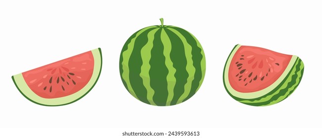 Watermelon. Cartoon fresh green watermelon, slices and triangles. Set of vector fruit sliced ​​watermelon. Vector illustration of nature freshness of watermelon.