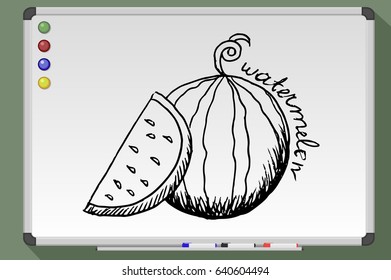 Watermelon cartoon. Hand drawn vector stock illustration. Black and white whiteboard drawing
