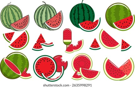 Watermelon Cartoon Icon Set Vector Design. Watermelon summer fruit clipart set. Tropical fruit watermelon drawing in whole, slice and cut elements clip art collection. 