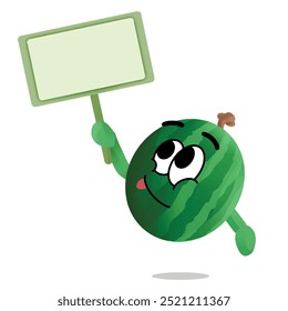 watermelon cartoon mascot character hold a blank sign board. happy face emoticon. cute fruit concept. plant, nature, or health themes